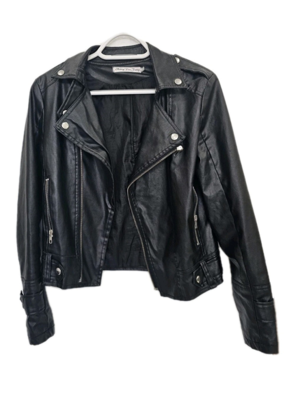 Women’s Black Faux Leather Moto Jacket Cropped Biker Zip Up Punk Rock Size S - Picture 3 of 16